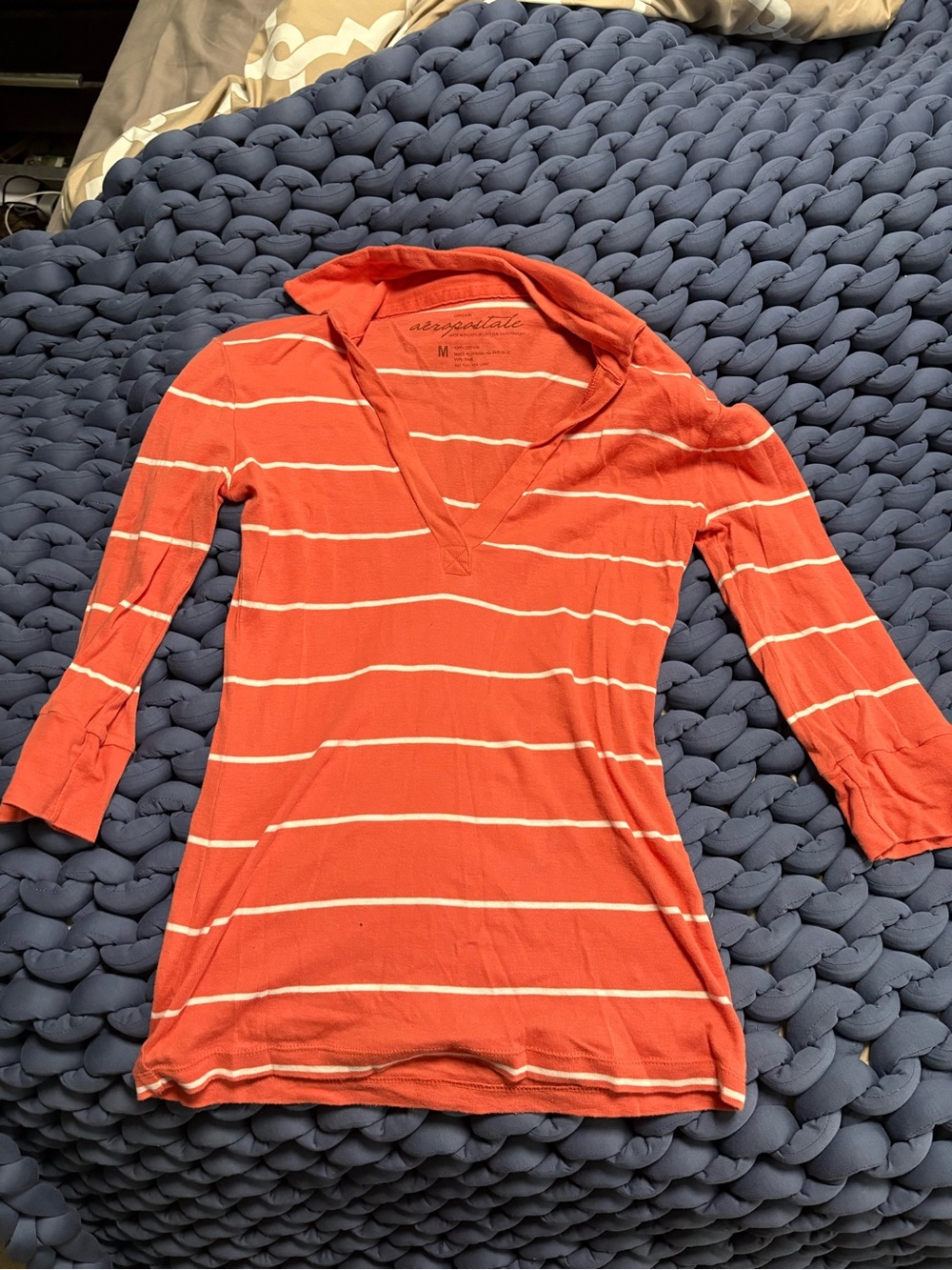 Aeropostale Coral Orange Striped V-Neck